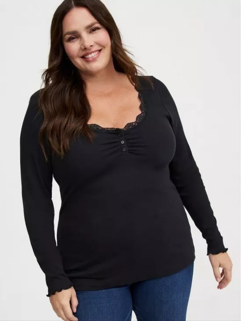 Torrid Cotton Modal Black Thin Rib Knit Lace Trim Henley Top Size 00 M/L 10